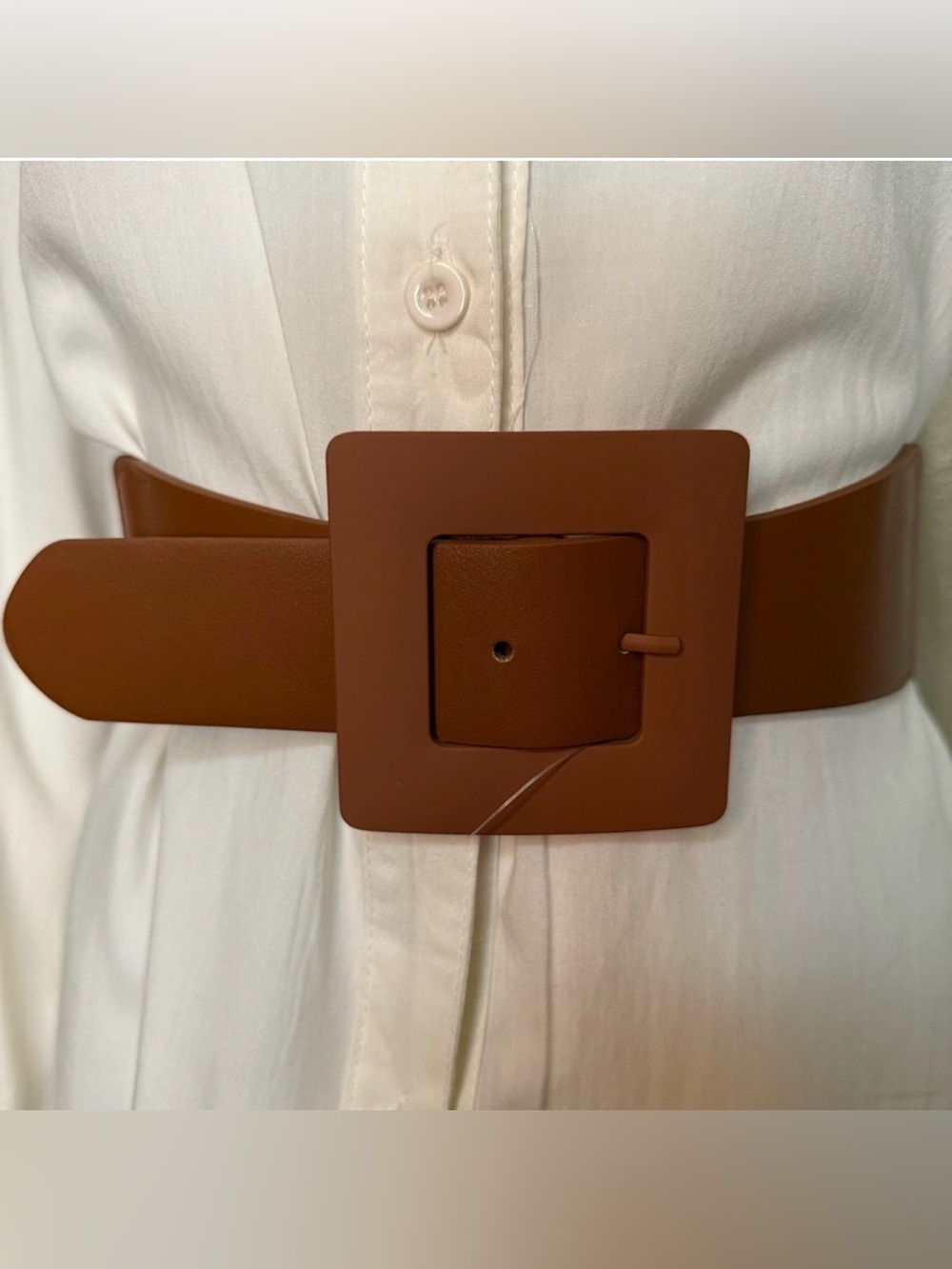 Camel PU leather elastic waistband belt with square metallic buckle